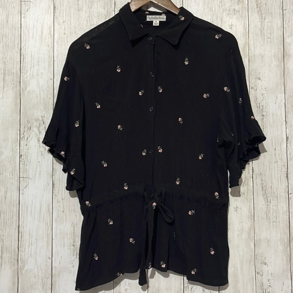Ophelia Roe Black Floral Embroidered Ruffle Sleeve Peplum Blouse Shirt Women's M